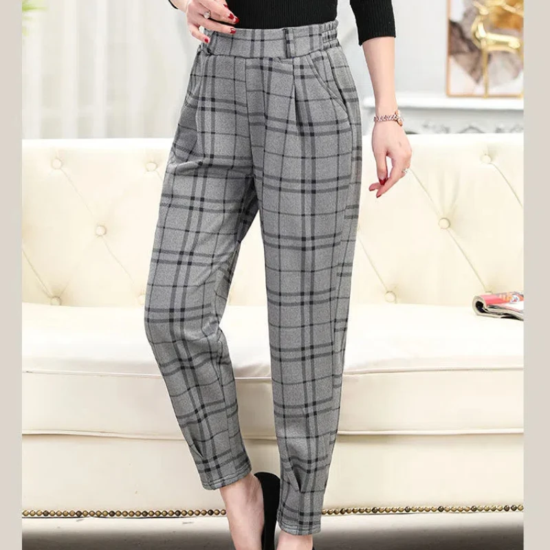 New Spring and Autumn Women\'s Style High Waist Elastic Loose Plaid Classic Harem Pants Fashion Casual Comfortable Trousers