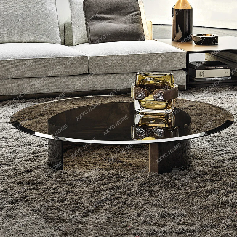 

Coffee Table Italian Style Affordable Luxury Style Living Room Stainless Steel round Table Model Room Tempered Glass Tea Table