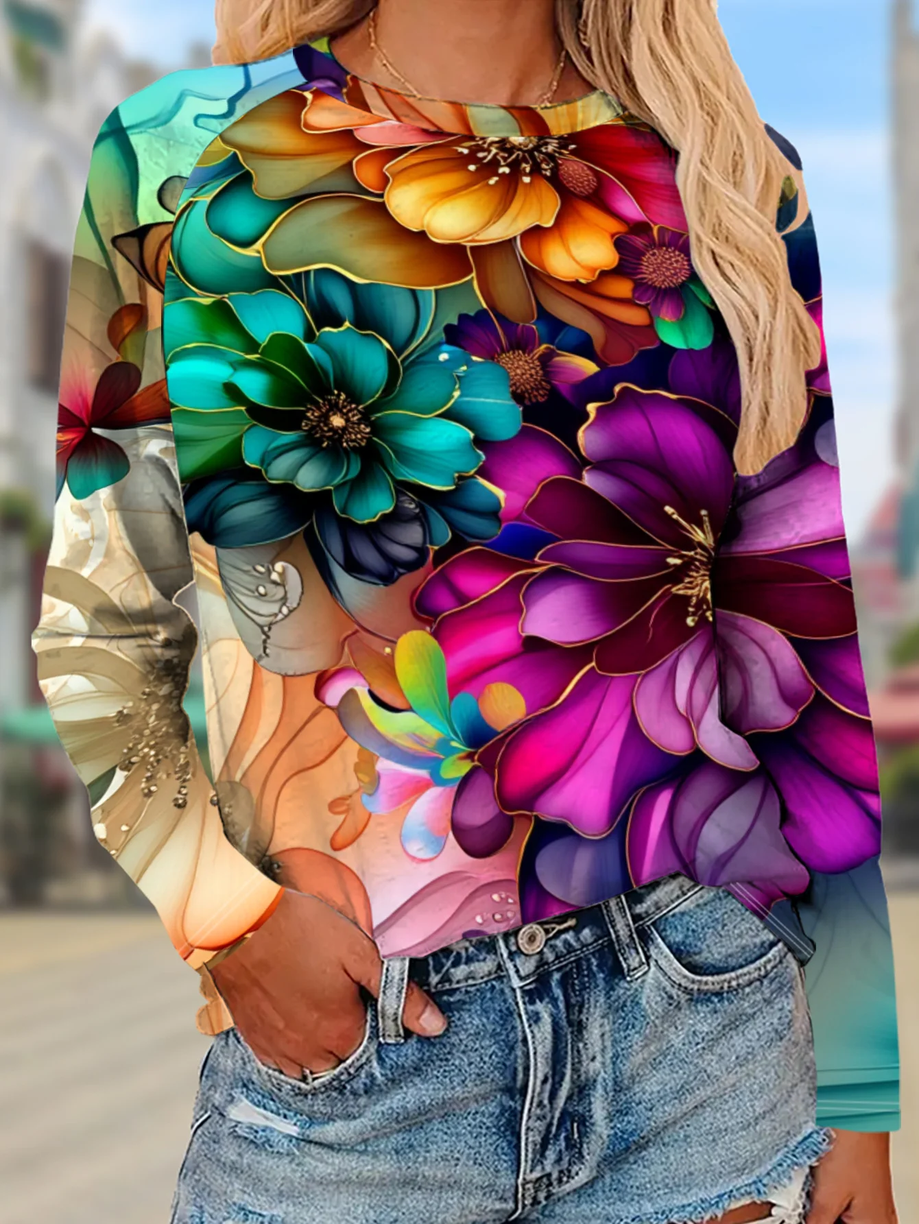 Printed Floral Shirt - Dames T-shirt met ronde hals en