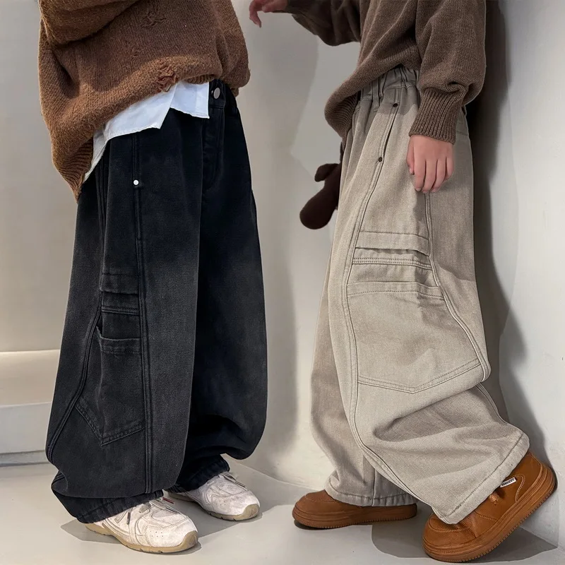Boys' Casual Cotton Baggy Curved Jeans Spring Autumn Style Children's Denim Pants Trendy Kids Fashionable Trousers Sweatpants