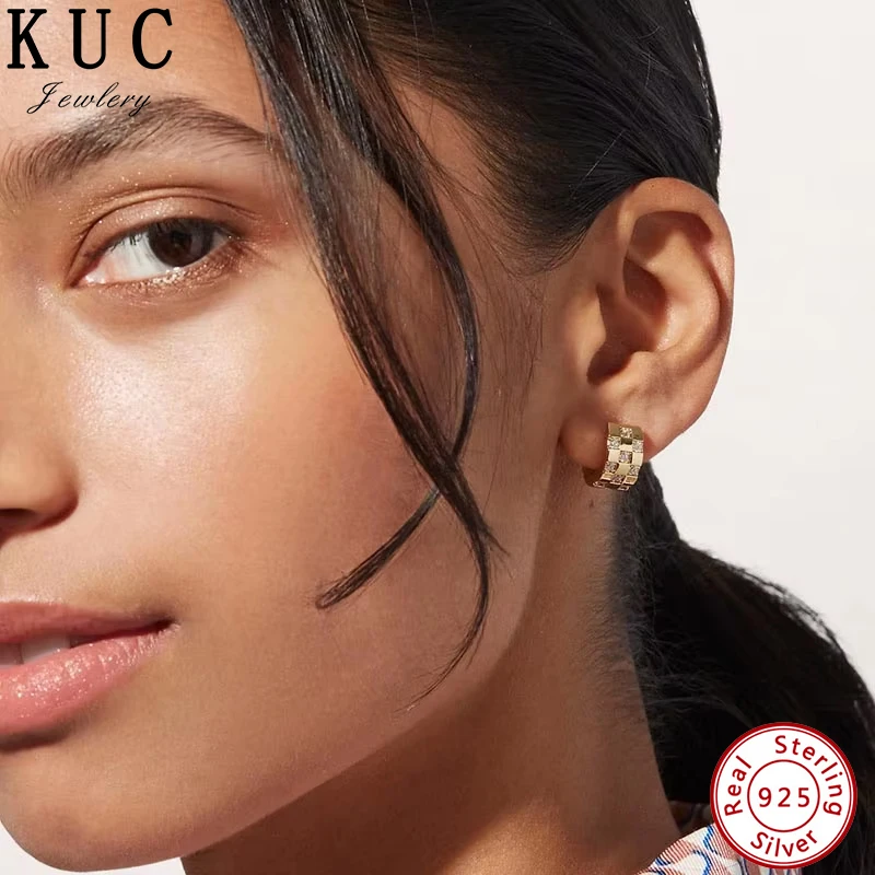 

Серебряные серьги-кольца 925 пробы с оригинальным сертификатом, инкрустированные фианитами в форме шахматной доски, для женщин, ювелирные изделия с золотым покрытием