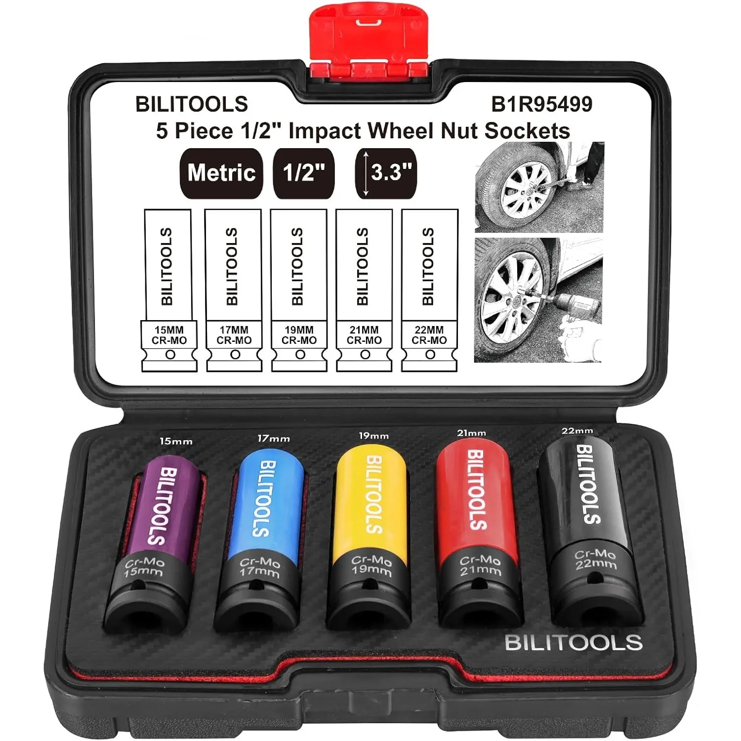 

1/2 Inch Drive Impact Lug Nut Socket Set 5 Piece 15 17 19 21 22 MM Non-Marring Thin Wall Wheel Protector Socket