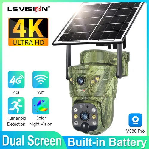 LS VISION 2 lentes 8MP 4G cámara de seguridad Solar WiFi inalámbrica al aire libre detección humana/Animal AI impermeable vida silvestre Cctv noche