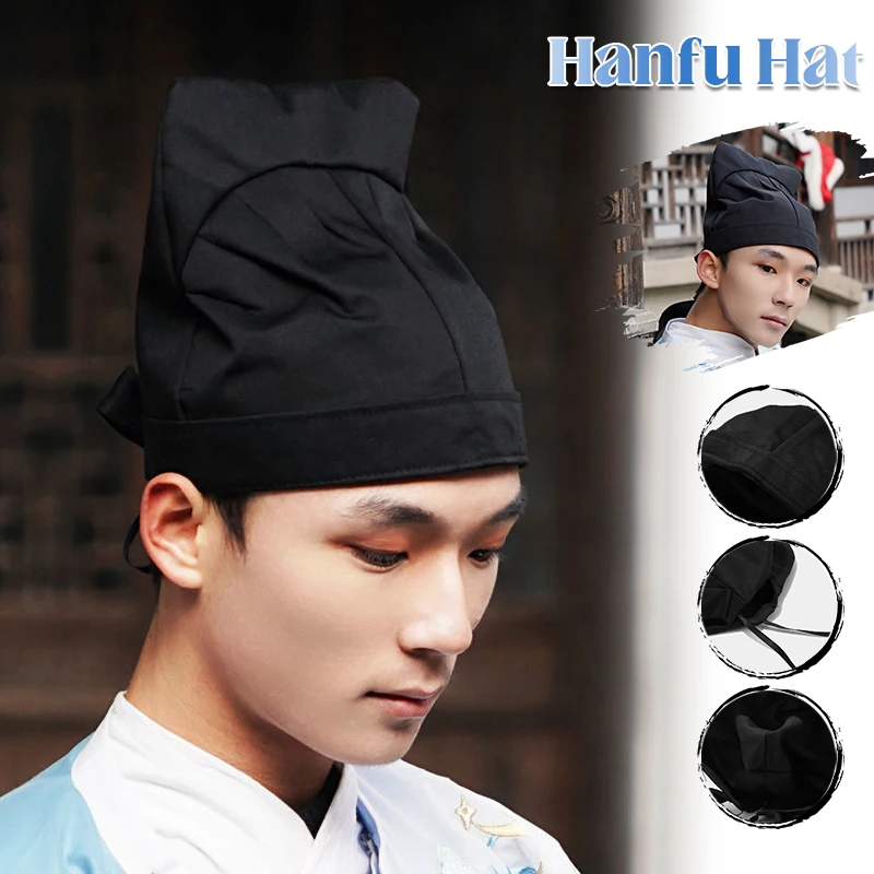 Men Ancient Hanfu Hat Chinese Traditional Ancient Scholar Teacher Black Hat Headdress Male Vintage Confucian Towel Cosplay Hat