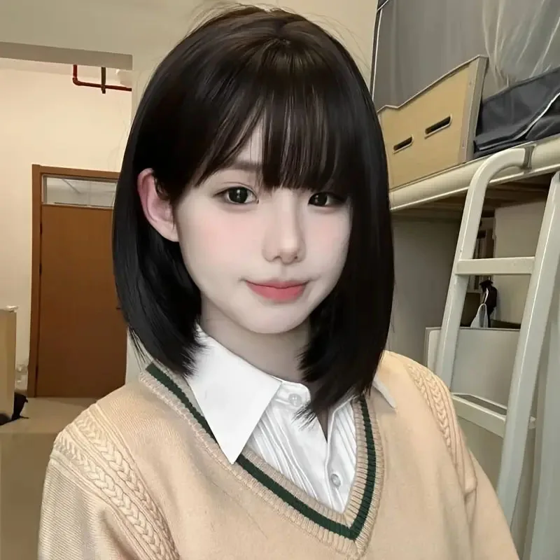 Black-brown Short Hair Wig With Air Bangs For A Natural Look Suitable For Round Faces In A Bob Style Full Head Coverage