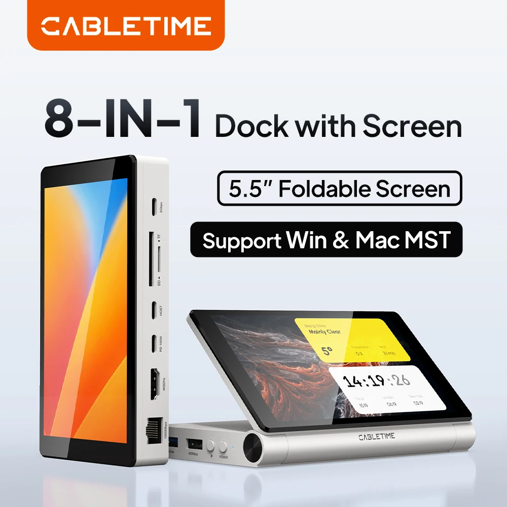 CABLETIME USB C Dock with Screen 5.5inch 720P Foldable Screen 5Gbps 4K@60Hz for Mac & Windows Laptop Monitor 8 IN 1 Dock Station