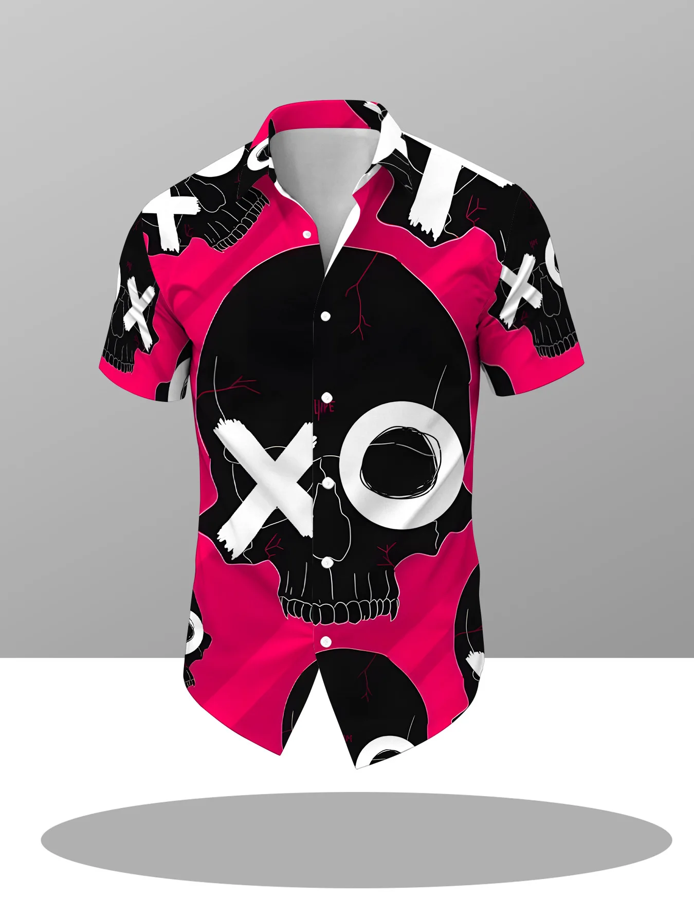 Men Short Sleeve Button Down Shirt Hot Pink Black Skull XO Graffiti Print Polyester Casual Party Beach Blouse