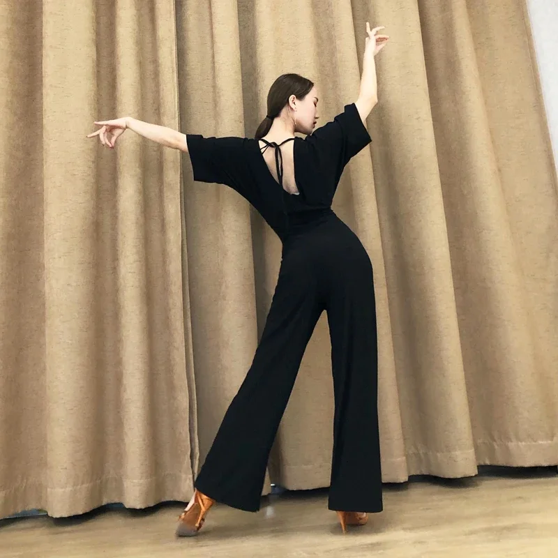 Latin Dance Dress Adults Black Loose Wide Legged Jumpsuit Ladies Rumba Tango Salsa Samba Cha Cha Ballroom Practice Wear DN4072