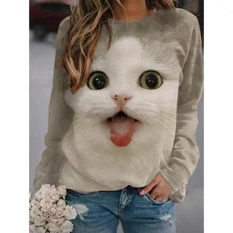 Autumn Cartoon Cat Sweatshirts Animal 3D Print Hoodies Women New Long Sleeve Y2k Hoodie Oversized Pullovers Tops Female Clothing