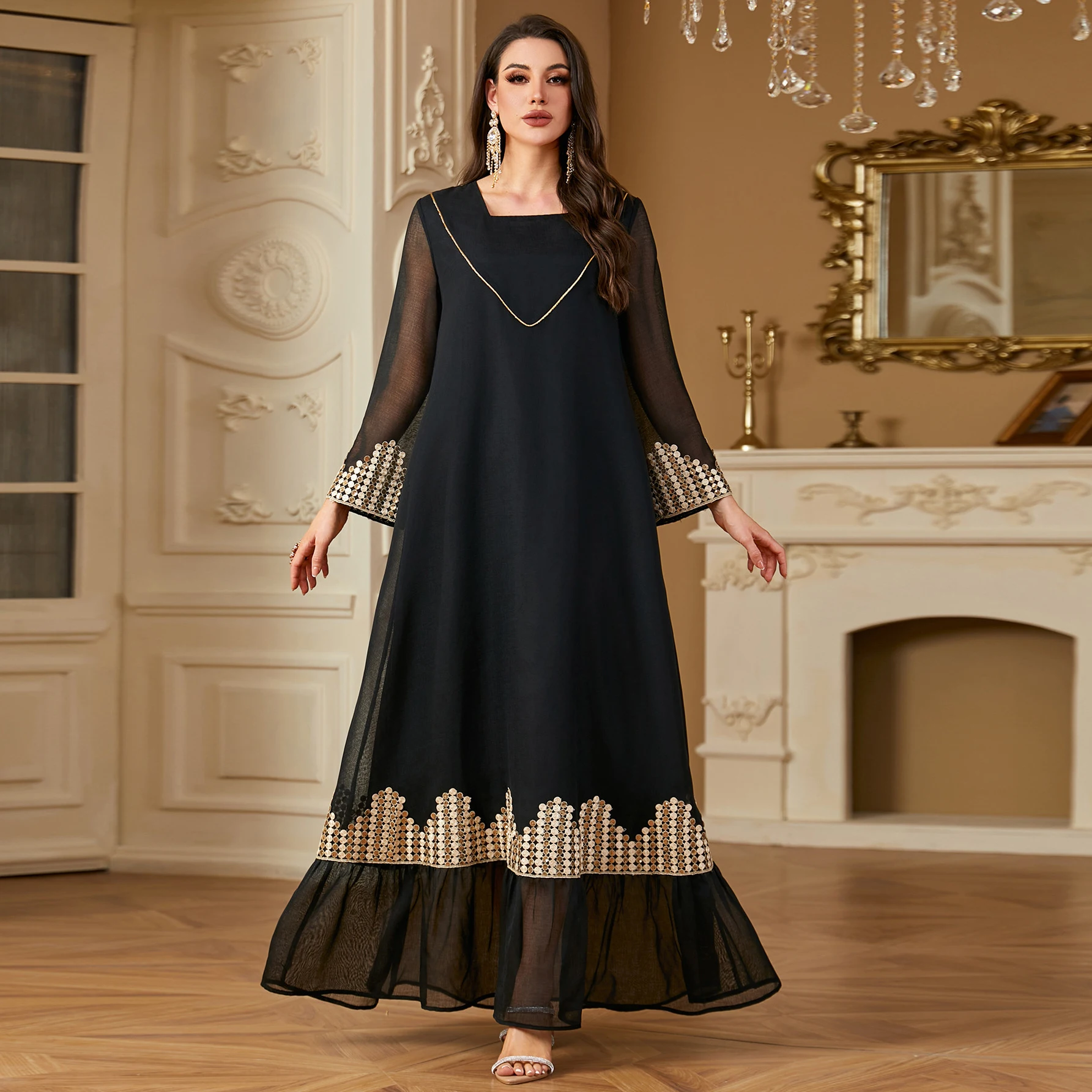 UNI Eid Party Abito musulmano Donna Abaya Elegante Maxi Jalabiya Ricamo Maglia Paillettes Marocco Caftano Turchia Arabo Abito lungo Dres