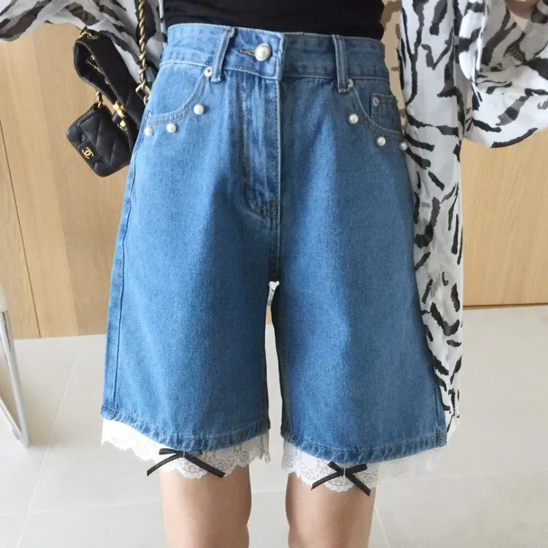 Neploe Fashion Lace Patchwork Bow Pearl Denim Shorts 2024 Summer New Jeans Shorts for Women Y2k Loose Straight Five-point Pants