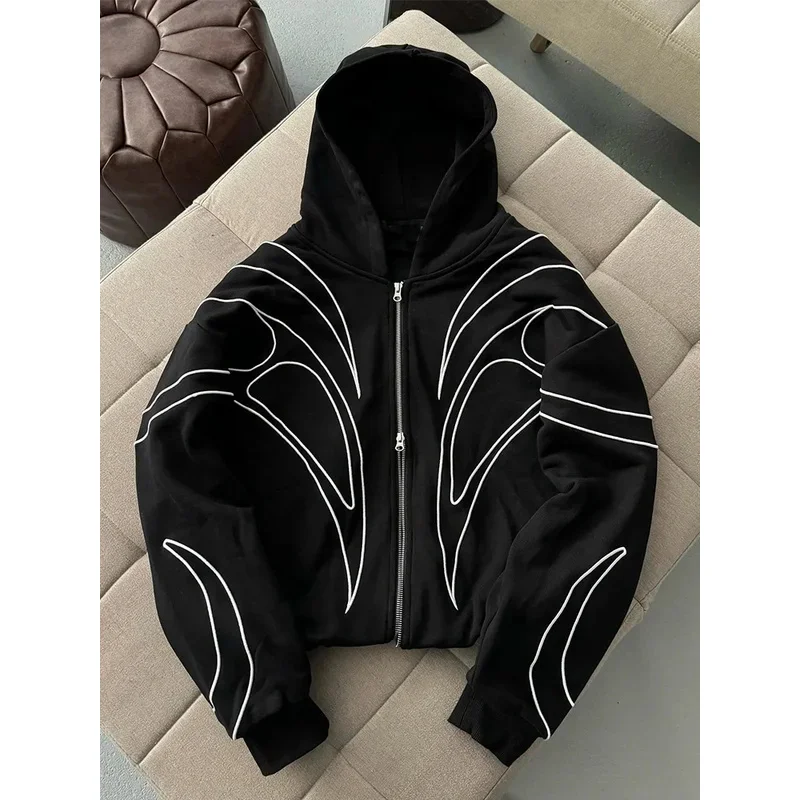 Sudadera con capucha negra de doble cremallera, estilo retro callejero, con rayas bordadas, estilo hip-hop americano, punk, oversize, para mujer