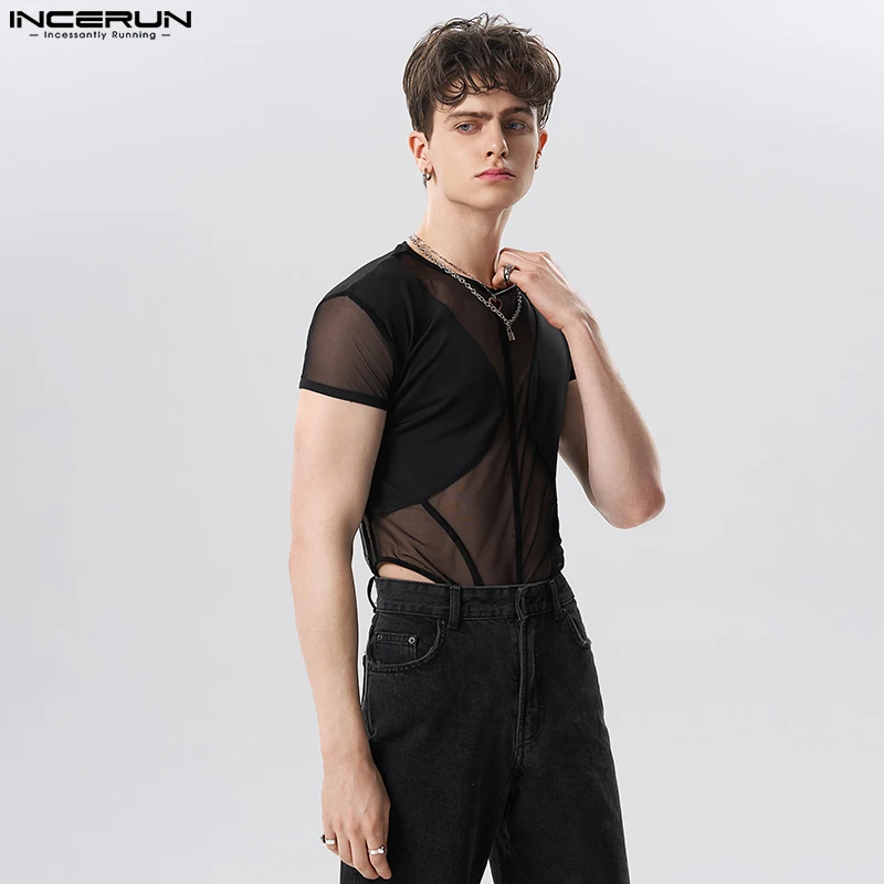 INCERUN 2024 hombres guapos Sexy ropa de casa mono Casual fiesta masculino Patchwork transparente malla de manga corta monos finos S-5XL