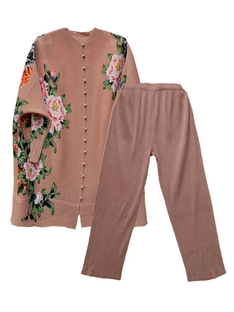 LANMREM Pleated Floral Print Set Women Single Breasted Long Sleeve O-neck Top Wide Leg Pants 2024 Summer Female Clothing 2I773