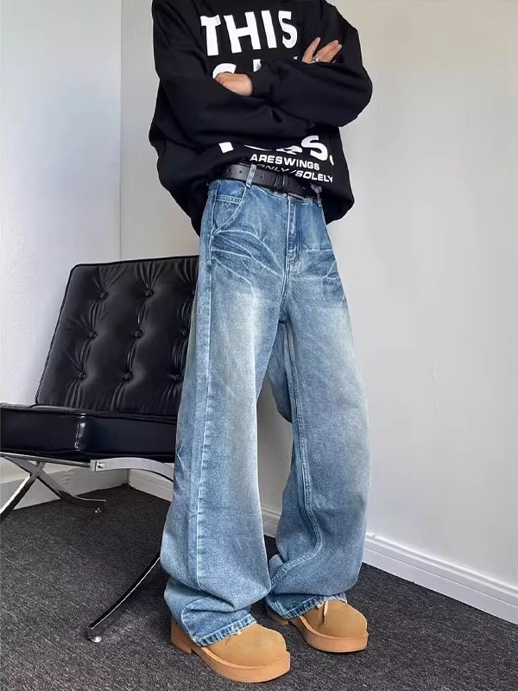

Retro High Street Men's Casual Loose Fit Straight Leg Jeans Spring Autumn Waed American Trendy Brand Bell Bot Denim