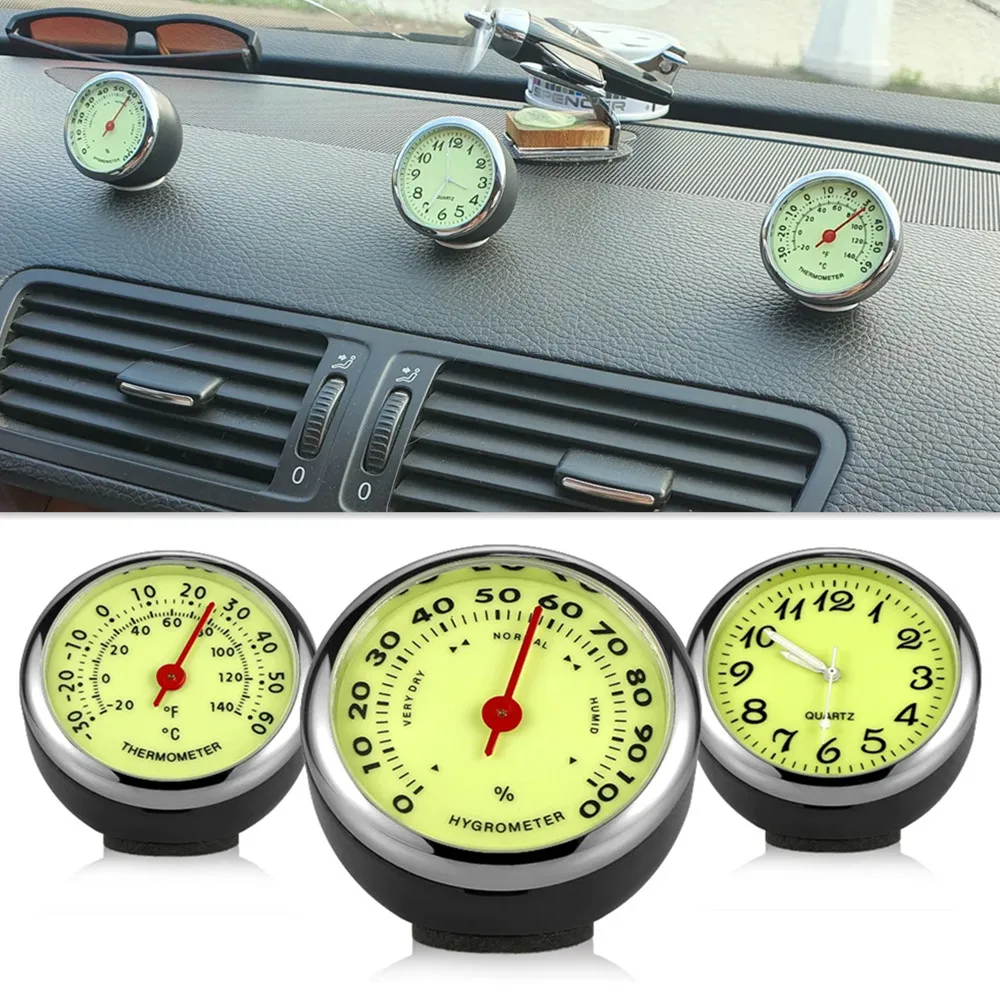 Car Dashboard Luminous Clock + Thermometer + Hygrometer 3 In 1 Set Removable Mini Watch Vehicle Home Office Table Decor Ornament