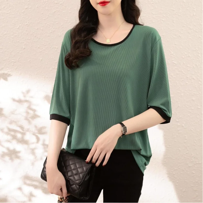 

Women's Summer Korean New Round Neck Pullover Commuter Fashion Contrast Splicing Casual Versatile Plus Size Short Sleeve Tops