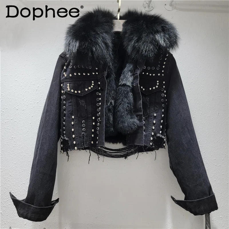 

Street Hipster Short Jacket 2024 New Imitation Fox Fur Collar Liner Thermal Rivet Denim Jacket Winter Clothes Women