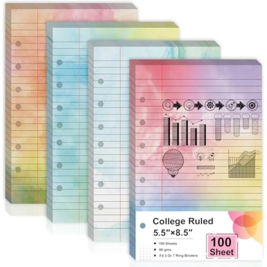 

Sheet 5.5" x 8.5" Colored Loose Leaf Paper Half Letter Lined Paper 7 hole punched Wide Ruled Paper Refills College Ruled Notebo