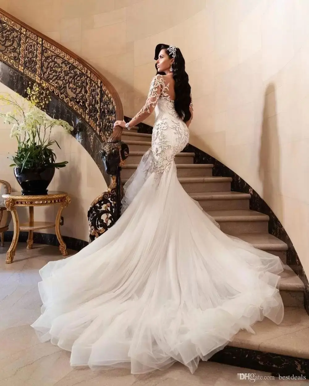 تخصيص جديد العربية حورية البحر فستان الزفاف دبي بلورات كم طويل زي العرائس تول رداء دي الزواج Vestidos De YMW54