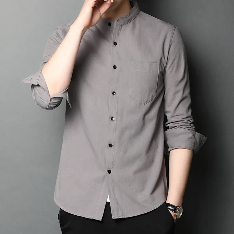 New Men\'s Standing Collar Casual Shirt Cotton Comfortable Long Sleeved Top