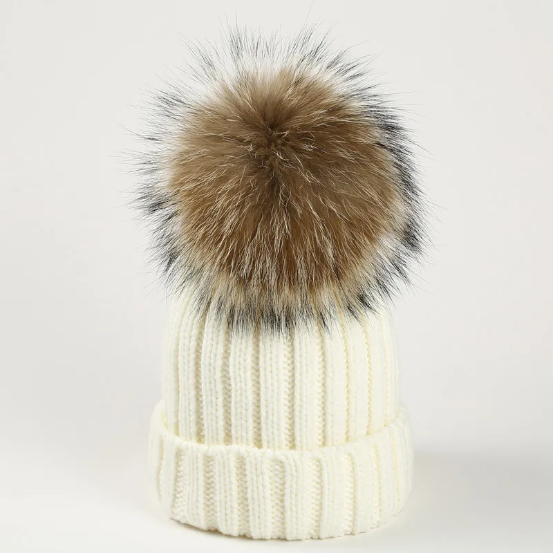 

Winter Women Thick Warm Knitted Beanie Caps Real Raccoon Fur Pompoms Skullies Hat Solid Color Knit Hats