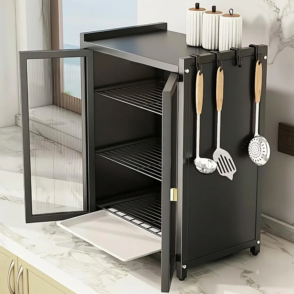 Étagère de rangement de cuisine à 3/2 niveaux avec porte, support pour micro-ondes, étagère à épices et bouteilles, rangement pour vaisselle avec porte à bascule