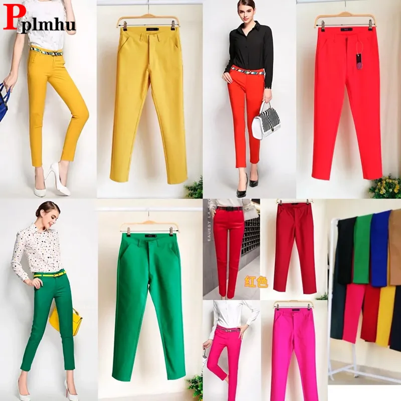 Classic Candy Colors Work Wear Pencil Pant Elegant Spring Mid Waist Slim Office Ladies Pantalones Chic 92cm Ankle Length Trouser