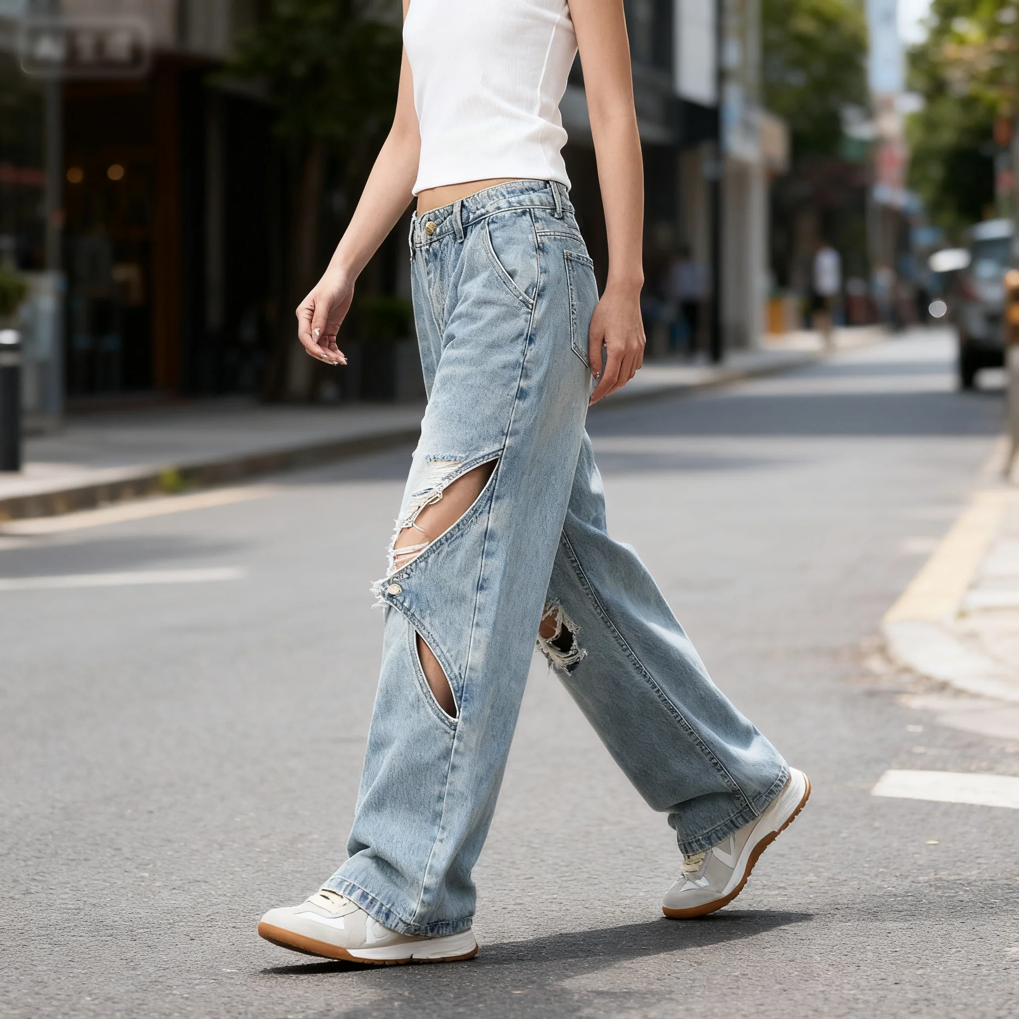 Celana jeans baggy dekonstruksi patchwork gaya Amerika, celana jeans robek untuk pria dan wanita, potongan lebar longgar unisex, potongan lurus