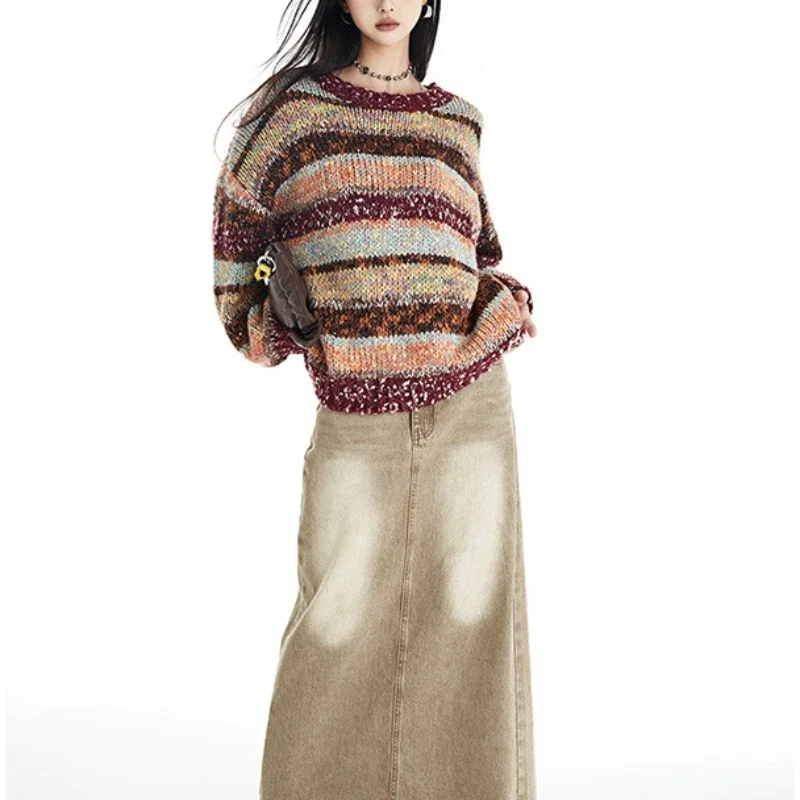 Contrast Color Striped Jumper Crew Neck Rainbow Pullovers Big Long Loose Sweater Autumn/Winter Women Knitted Clothing