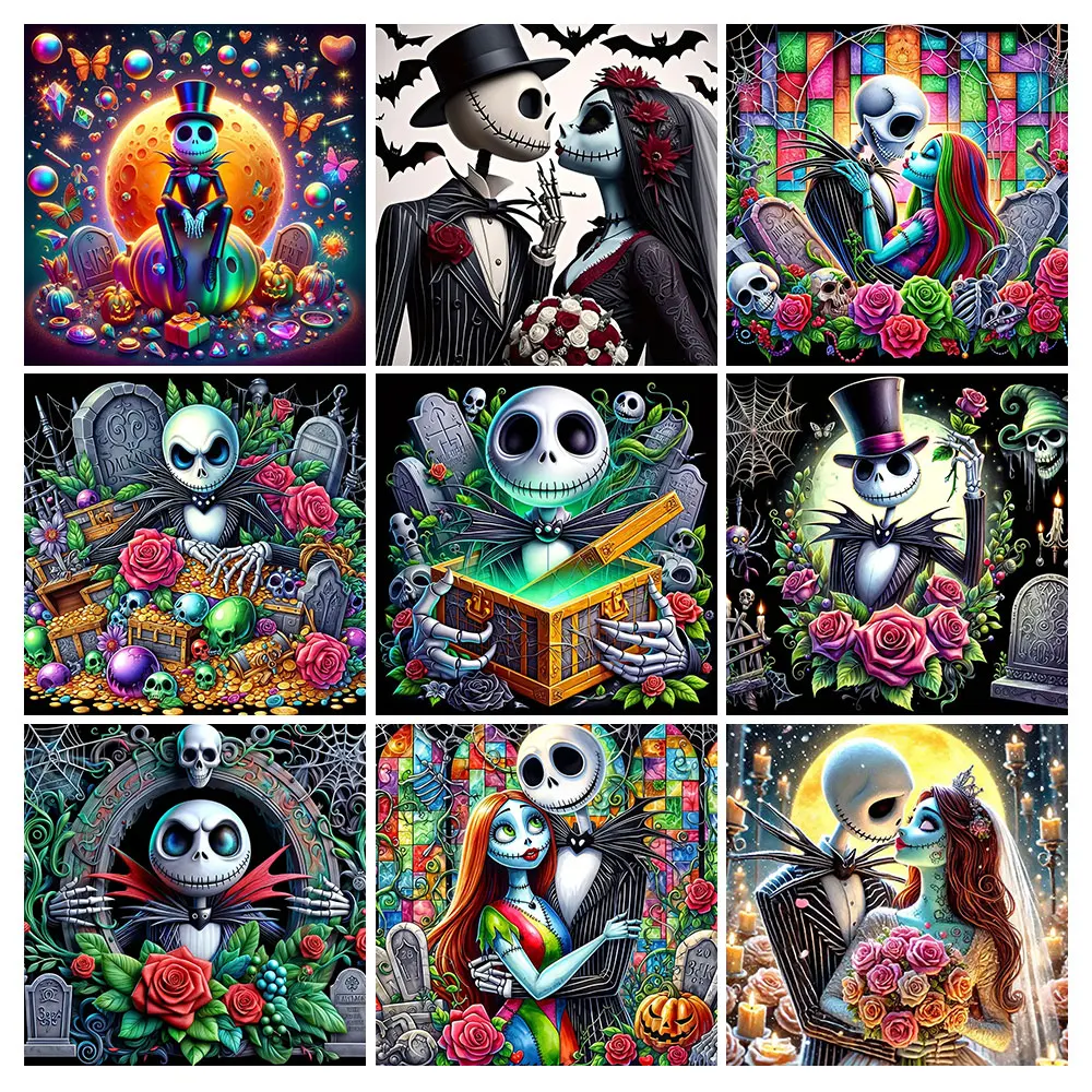 Mosaico de diamantes de Disney, imagen de pesadilla antes de Navidad, pintura de Sally Jack Skellington, bordado redondo completo, artesanía