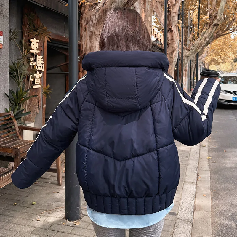 2025 Side Stripe Contrast Color Cotton-Padded Coat Women Korean Puffy Hooded Winter Jacket Big Pocket Zipper Thicken Warm Parkas