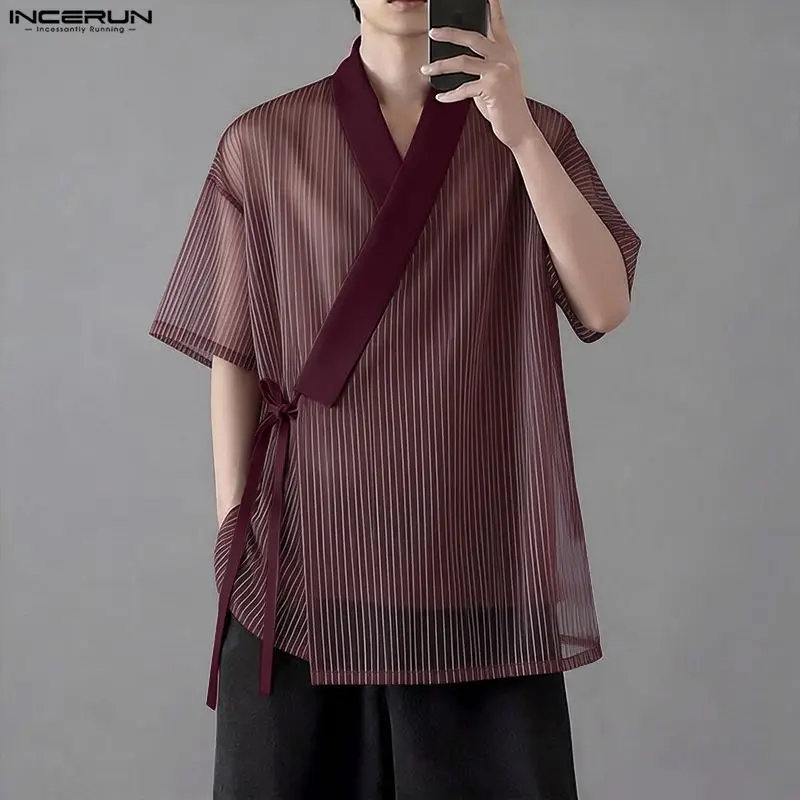 INCERUN Men's Shirt Mesh Striped Patchwork V Neck Short Sleeve See Through Male Tops Streetwear 2026 Lace Up Fashion Men Clothes
