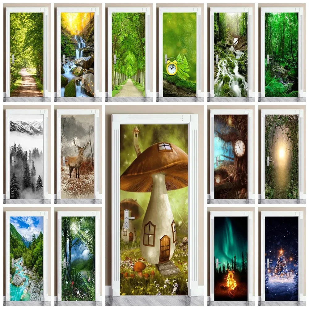 

3D Forest Waterfall Door Sticker Mushroom House Fairy Tale Nature Scenery Removable Self Adhesive Wallpaper Home Decor