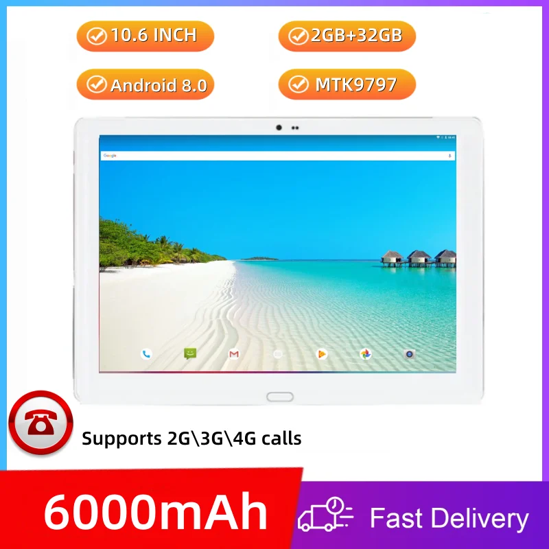 

Планшет с поддержкой 4G, Type-C, IPS-экран 10.6 дюймов (1920x1200), Android 8.0, четырехъядерный процессор MTK9797, 2 ГБ ОЗУ + 32 ГБ ПЗУ, аккумулятор 6000 мАч, 2 слота для SIM-карт.