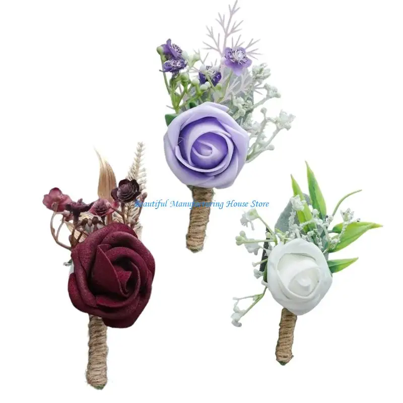 

E56A Set of 6 Reusable Salvia Corsage Flower Groomsmen Boutonniere Wedding Party Artificial Silk Flower for Various Occasion