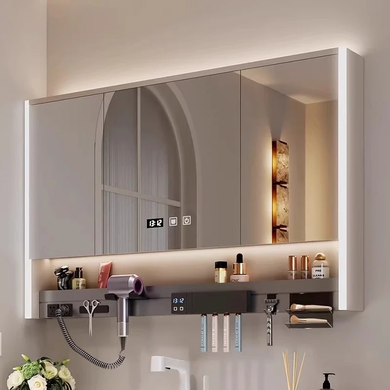 

Smart bathroom mirror cabinet multi-functional with toothbrush disinfection hair dryer holder toilet wall-mounted integrated sto