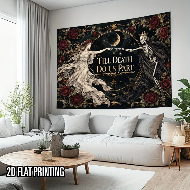 Till Death Do Us Part Tapestry, Gothic Bride Skeleton King Red Rose Moon Wall Hanging Bedroom Dorm Living Room Home Decor Cloth