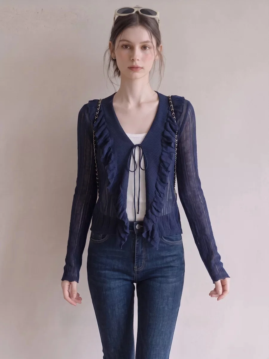 Lightweight Knitted Open Cardigan Women's V-neck Short Hollow out Long Sleeve Soft Style Korean Fashion Wooden  Bordered