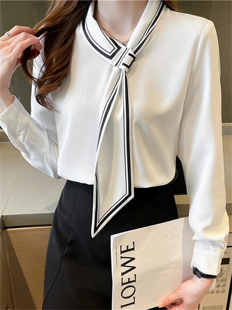 #3234 White Chiffon Blouse Long Sleeve Elegant Office Blouse Women Scarf Collar France Style Ladies Tops And Blouses Spring 2024