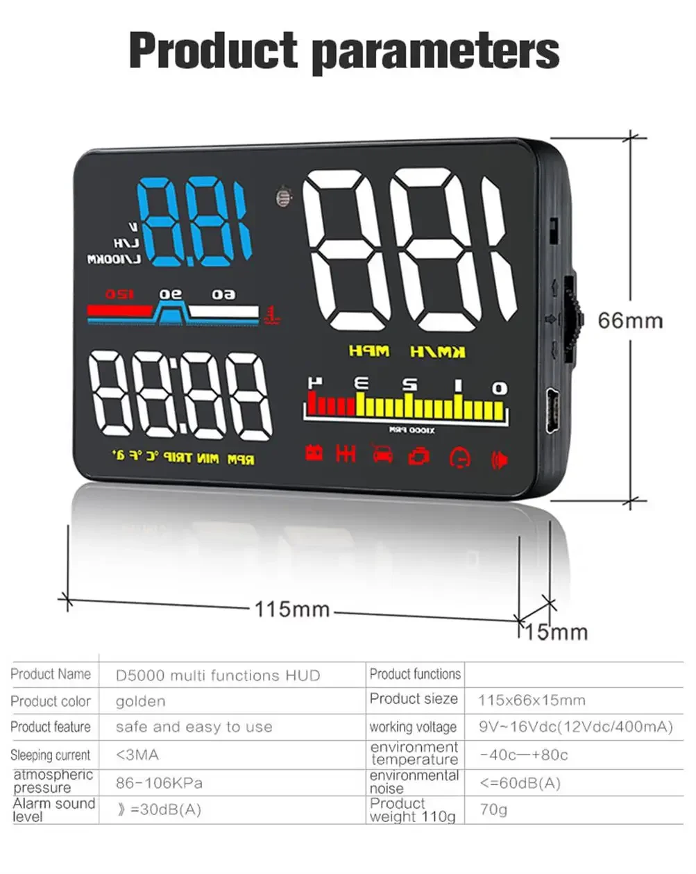 D5000 Digitaler OBD2 Auto-Windschutzscheibenprojektor OBD Head-Up-Display Tachometer Drehzahlmesser Spannungsmesser Wassertemperaturanzeige – Detail 7