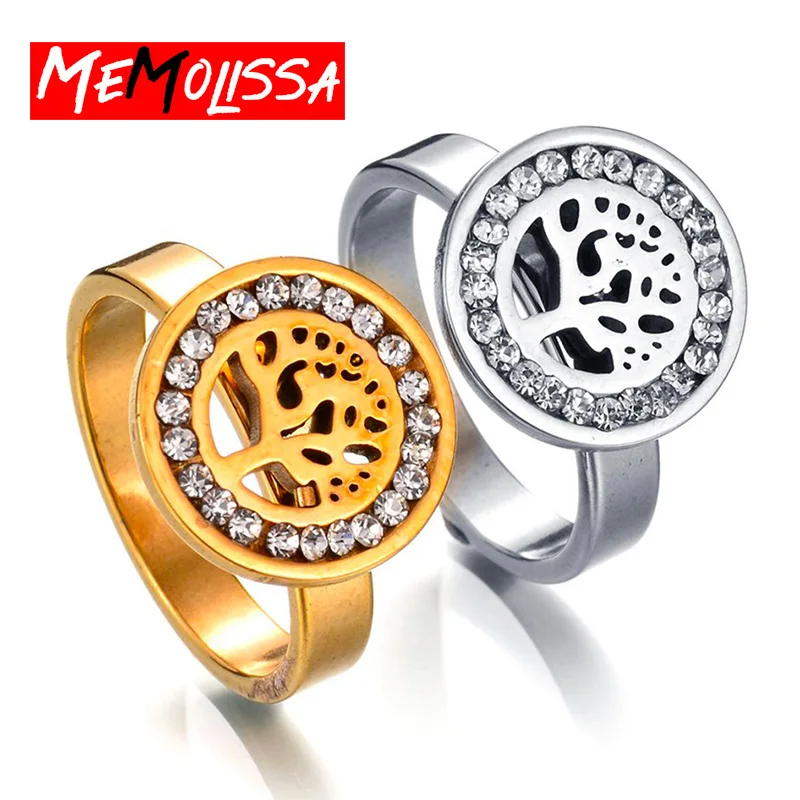 MeMolissa High Quality Fashion Crystal Tree Classical Stainless Steel Rings For Women Hollow Custom Jewelry Gift