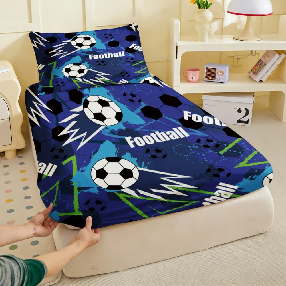 1pc Blue Hexagon Soccer Football Print Fitted Sheet Deep Pocket Elastic Mattress Cover Single Double Queen King Bedroom Decor