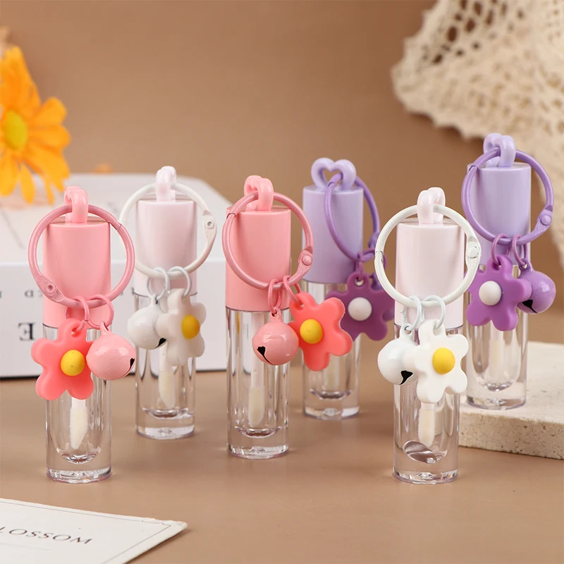 2.5ml Pink Heart-shaped Lip Enamel Tube With Keychain And Brush Rod Lip Gloss Tube Empty Bottle Lips Glaze Container Makeup Tool