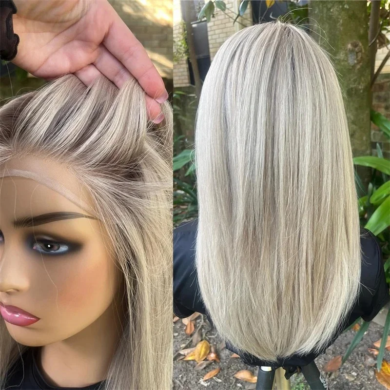 Lace-Front-Perücken im Ausverkauf, synthetisches Haar, Eisblond mit natürlich verwurzelten Haaransätzen, glatte Futura-Perücke, 13x4 HD transparent, kleberlos