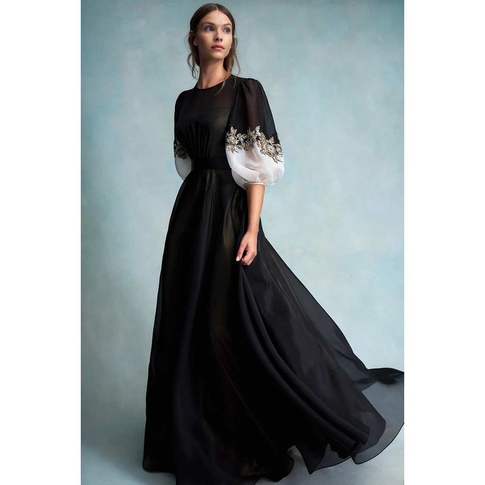 Transparent Black Evening Dresses For Women Fashion A-line O-neck Tulle Women Clothing Elegant Applique Dress With Golden Lining