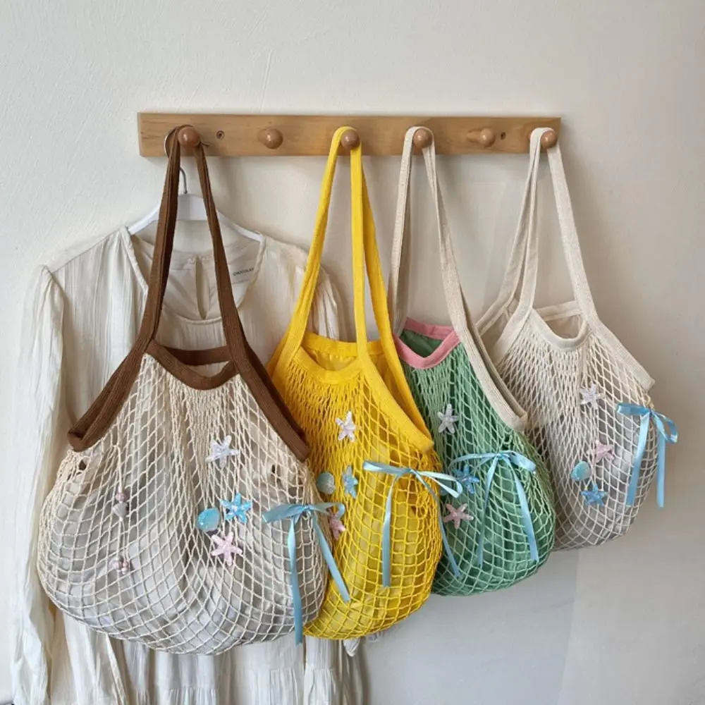 

Fashion Portable Hollow Woven Shoulder Bag Large Capacity Korean Style Woven Grocery Bag Bow Polyester Vacation Beach Bag Summer