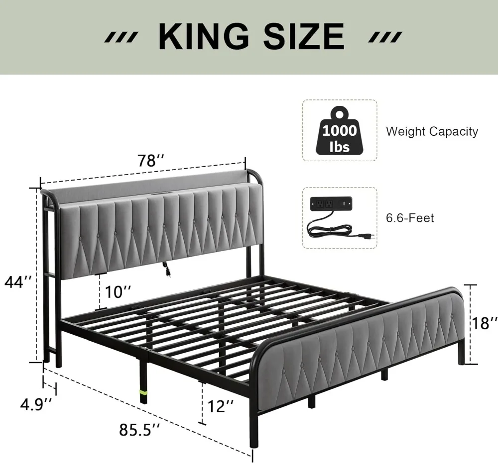 Feonase King Bed Frame with Type-C & USB Port, Metal Platform Beds, with Velvet Upholstered Headboard & Footboard