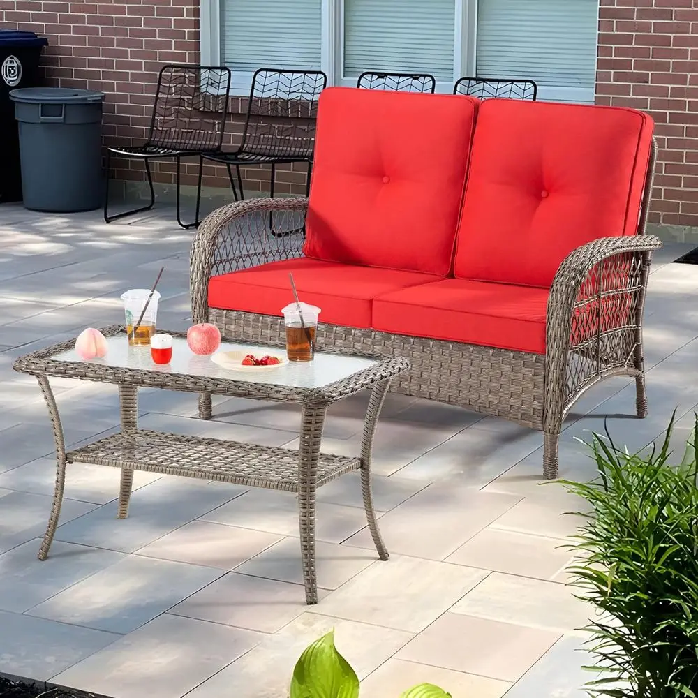 2-Piece Outdoor Wicker Sofa Set with Loveseat and Coffee Table, Weather-Resistant Rattan Furniture with Cushions (Brown/Red)