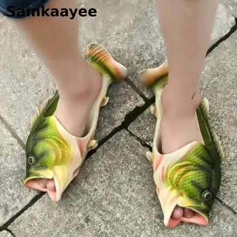 36-47 Womens Slippers Summer Shoes Men Funny Fish Sandals Flats Flip Flops Couple Bathroom Antiskid Soft Bottom Beach Footwear 1